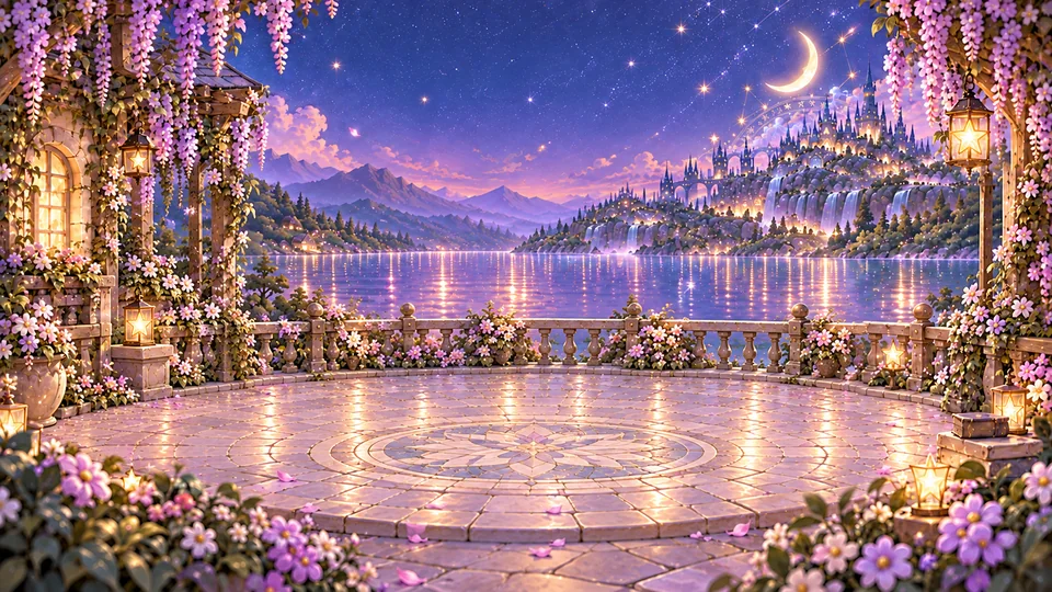 A zodiac garden beside a lake, with stone paving, wisteria and moonlight