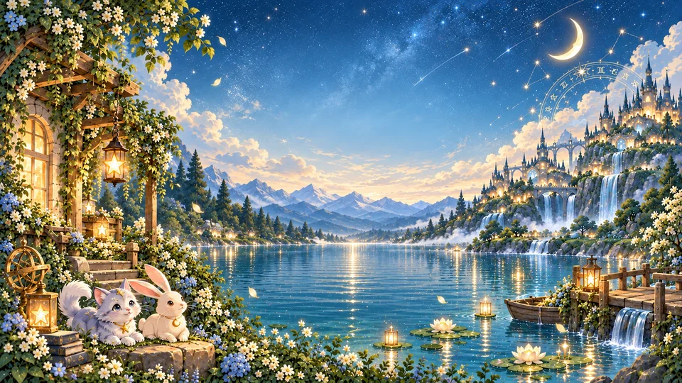 A blue star lake, a moonlit castle and two pets beneath green leaves and ivory flowers